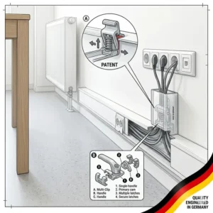 Detailed 3D view of the functional kabelkanal clip system locking mechanism.