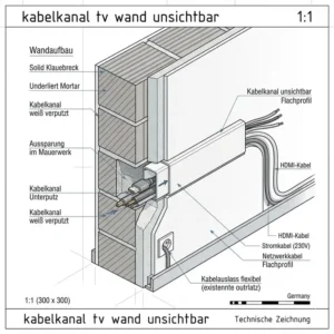Detaillierter Querschnitt einer Wandmontage für einen kabelkanal tv wand unsichtbar.
