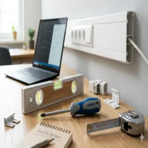 Werkzeuge für die fachgerechte kabelkanal steckdose integration inklusive Wasserwaage und Schraubendreher.