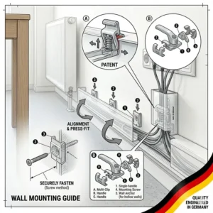 Step-by-step guide for mounting the kabelkanal clip system to a wall.