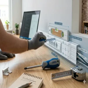 Präzises Ausmessen der Position für die kabelkanal steckdose integration in einen weißen Kabelkanal an der Wand.