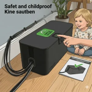 Vergleich der Abmessungen einer kabelbox schwarz groß mit einer Standard-Steckdosenleiste.