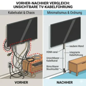 Vorher-Nachher-Vergleich der Kabelordnung mit einem kabelkanal tv wand unsichtbar.