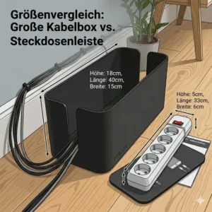 Die kabelbox schwarz groß bietet eine kindersichere Aufbewahrung für Kabel und Mehrfachstecker.