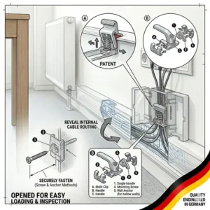 Internal view of an opened kabelkanal clip system showing easy cable access.