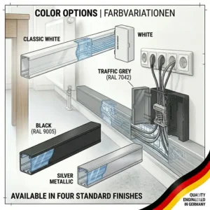 Various color and finish options available for the kabelkanal clip system.