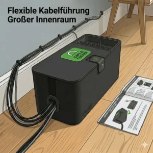 Detailansicht der seitlichen Schlitze einer kabelbox schwarz groß für ordentliches Kabelmanagement.
