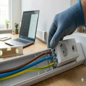 Innenansicht der Verkabelung bei einer kabelkanal steckdose integration unter Einhaltung der Sicherheitsstandards.