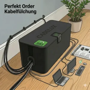 Eine kabelbox schwarz groß sorgt für Ordnung und ein sauberes Setup am Schreibtisch.