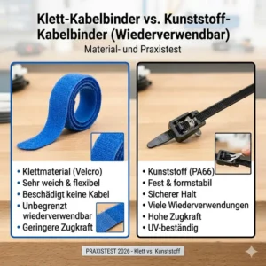 Vergleich zwischen Klett- und Kunststoffmaterialien im kabelbinder wiederverwendbar test.