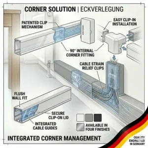 Specialized corner pieces and connectors for the kabelkanal clip system.