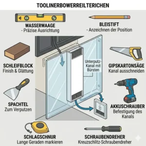 Übersicht der benötigten Werkzeuge für die Montage eines kabelkanal tv wand unsichtbar.