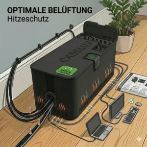 Unterseite der kabelbox schwarz groß mit Belüftungsschlitzen für optimalen Hitzeschutz.
