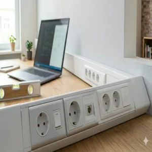 Verschiedene Design-Varianten der kabelkanal steckdose integration in Aluminium und Kunststoff.