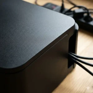Hochwertige matte Oberfläche einer kabelbox schwarz groß aus robustem Kunststoff.