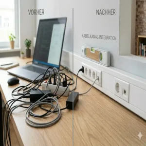 Vorher-Nachher-Vergleich einer erfolgreichen kabelkanal steckdose integration zur Vermeidung von Kabelsalat.