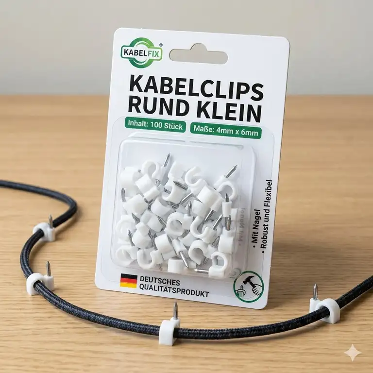 Ein Set weißer Kabelclips rund und klein für die organisierte Kabelführung an der Wand.