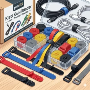 A colorful klett kabelbinder set featuring straps in red, blue, yellow, and black.
