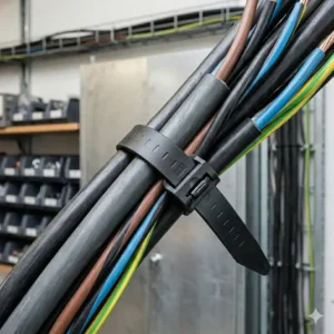 2. A detailed close-up illustration of the wide strap and head of a heavy-duty black nylon tie. Keyword: kabelbinder für dicke kabel.