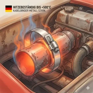 Hitzebeständiger kabelbinder metall stark fixiert an einem heißen Auspuffrohr.