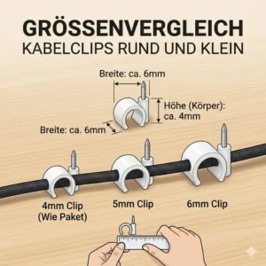 Größenvergleich verschiedener Kabelclips rund und klein mit Millimeterangaben.