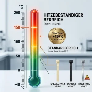 Infografik zur Hitzebeständigkeit von Kabelbindern mit genauer Celsius-Temperaturskala.