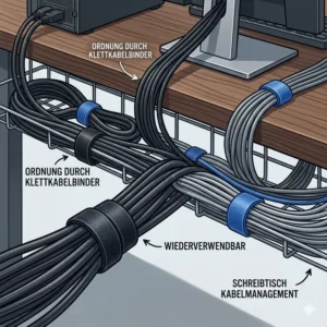 Organizing PC cables under a desk using a klett kabelbinder set.