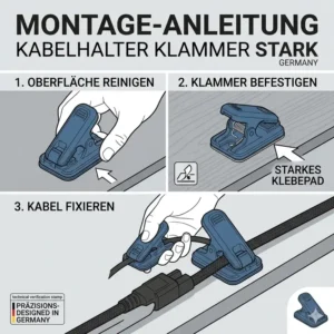Grafische Darstellung der Montage einer kabelhalter klammer stark auf einer glatten Oberfläche.