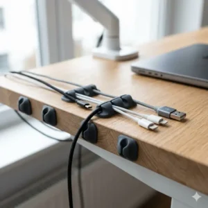 3: anwendung von kabelclips für usb kabel an tischkante