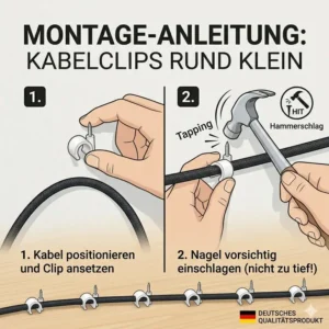 Anleitung zur Montage: Kabelclips rund klein mit Nagel sicher in der Wand befestigen.