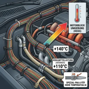 Illustration von hitzebeständigen Kabelbindern zur sicheren Kabelbündelung im heißen Motorraum eines Autos.