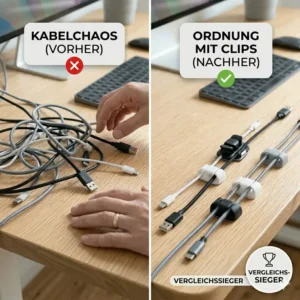 Before and after comparison of desk cable management using the kabelclips selbstklebend test products.
