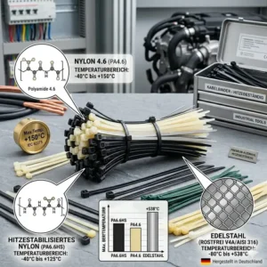 Vergleichsgrafik zwischen hitzebeständigen Kabelbindern aus speziellem Nylon und Edelstahl.
