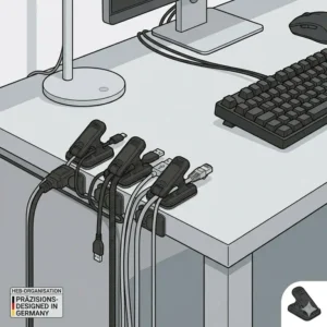 Illustration eines aufgeräumten Home-Office-Arbeitsplatzes dank kabelhalter klammer stark.