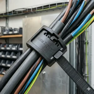 4. An illustration of the head of a heavy-duty black nylon cable tie with complex internal locking. Keyword: kabelbinder für dicke kabel.