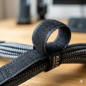A detailed close-up of a single reusable strap from the klett kabelbinder set.