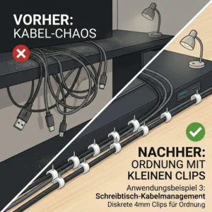 Ordnung am Arbeitsplatz durch diskrete Kabelclips rund klein für USB-Kabel.