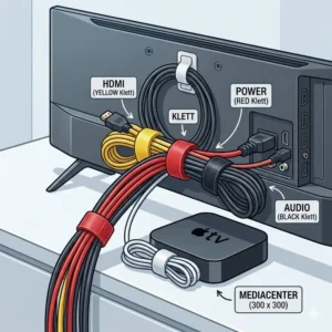 Bundling HDMI and power cables behind a TV with a klett kabelbinder set.