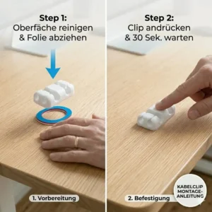 Close-up of the easy peel-and-stick installation method during a kabelclips selbstklebend test.