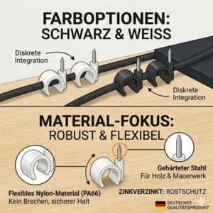 Kleine runde Kabelclips in den Farben Schwarz und Weiß für verschiedene Untergründe.