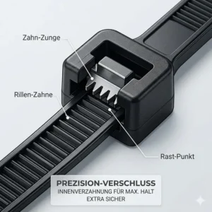 Nahaufnahme des sicheren Verschlusskopfes mit Innenverzahnung bei einem kabelbinder schwarz extra lang.