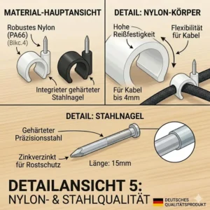 Detailaufnahme der robusten Kunststoff-Halterung kleiner runder Kabelclips.