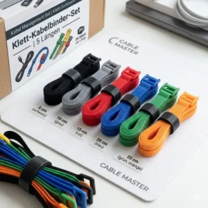 A klett kabelbinder set showing short and long strips for different cable thicknesses.