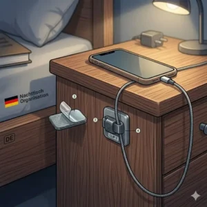 Anwendung eines Ladekabels am Nachttisch mit einem kabelclip magnetisch test Produkt.