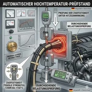 Technische Zeichnung zur Prüfung der Zugfestigkeit von Kabelbindern unter extremen Hitzeeinwirkungen.