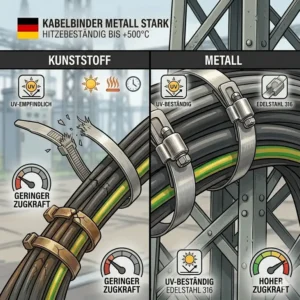 Vergleich von Kunststoff- und kabelbinder metall stark für extreme Belastungen.