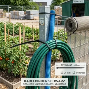 Illustration zur flexiblen Befestigung von Sichtschutz oder Rohren mit kabelbinder schwarz extra lang auf Baustellen.