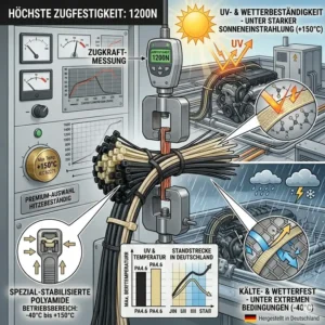 Illustration von wetterfesten und hitzebeständigen Kabelbindern im Außenbereich unter direkter Sonneneinstrahlung.