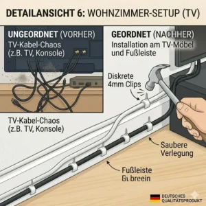 Saubere Verlegung von TV-Kabeln entlang der Fußleiste mit Kabelclips rund klein.