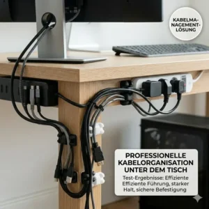 Practical application of organizing PC cables under the table for the kabelclips selbstklebend test.